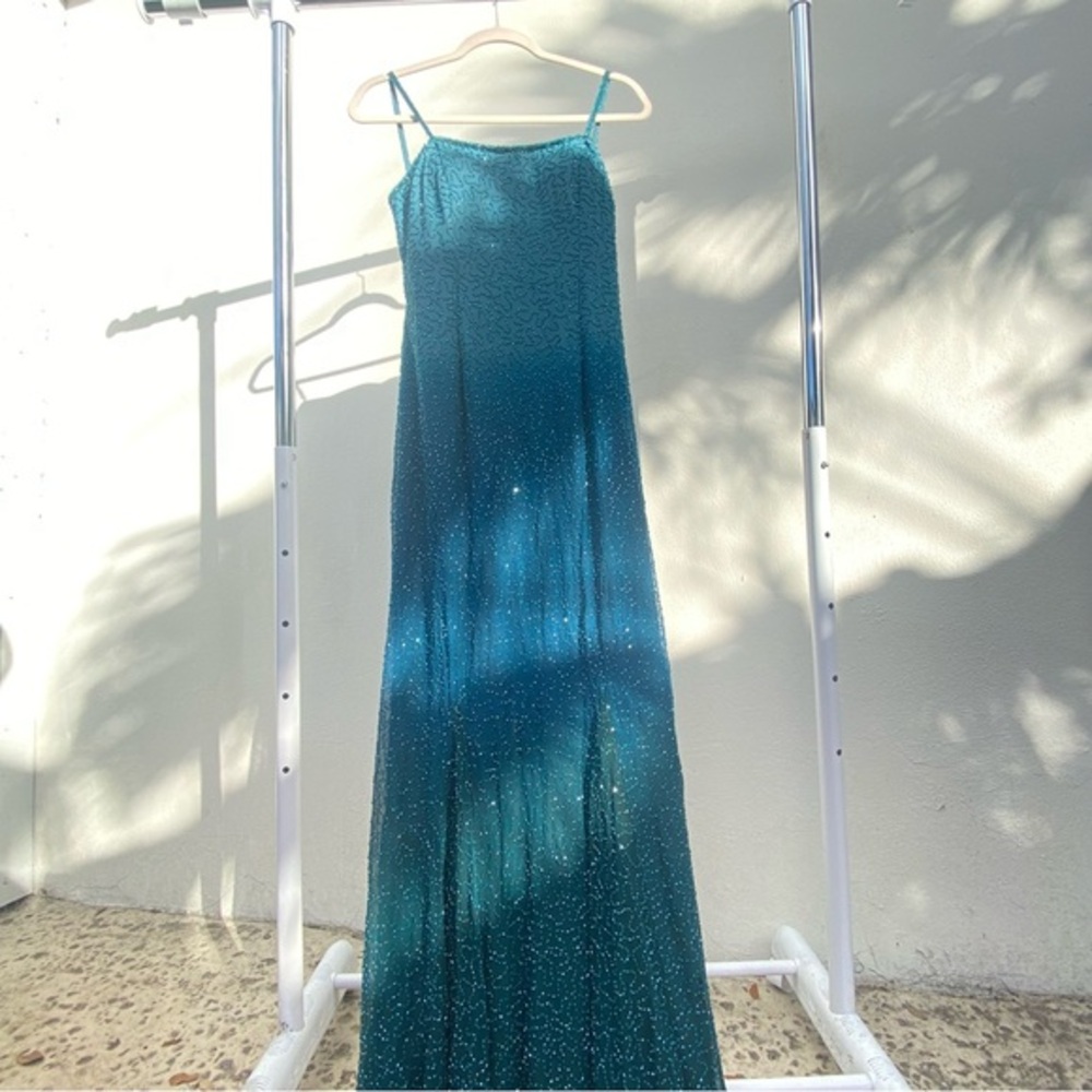 Vintage Laurence Kazar 100% Silk Ocean Blue Ombre Beaded Gown Size 6